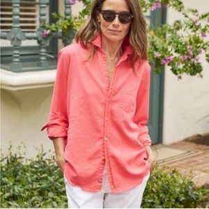 FRANK & EILEEN Eileen Tattered Denim Button Up Shirt in Neon Pink Size XS